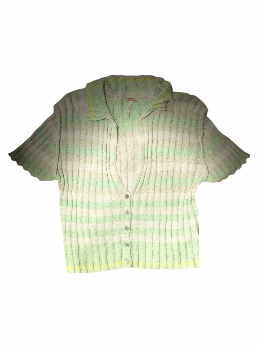 Free People Mint Green and Cream Striped Short-Sleeve Ribbed Cardigan
